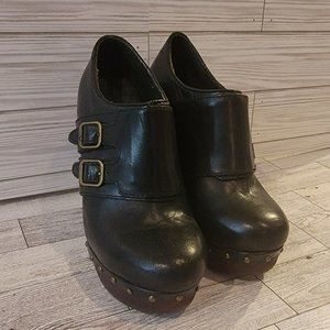 Ugg Wooden Heeled Black Leather Platform Ankle Boots